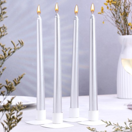 Antique candle, 2.3x 25 cm, 4 pcs, varnished, silver metallic