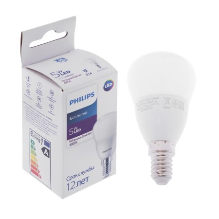 LED LED PHILIPS Ecohome Lustre 840, E14, 5 W, 4000 K, 500 lm, ball