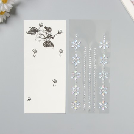 Sticker of rhinestones plastic tattoo on the body "Flower application" silver set 2 sheets 18x8 cm-1