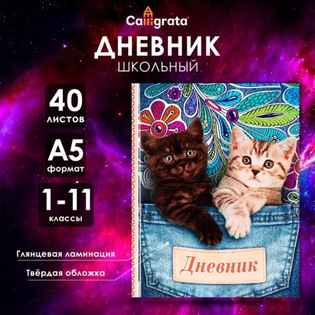 Universal diary for grades 1-11, "kittens in pockets", solid cover 7BC, glossy lamination, 40 sheets