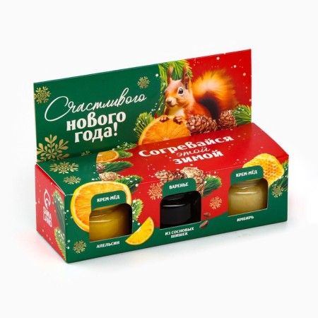 New Year! Gift set “Warm up this winter”, two creamy honey and jam with cones, 3 x 30 g-1