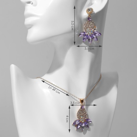 Set 2 objects: earrings, pendant "Lotus", white-lilac color in gold, 48 cm-1