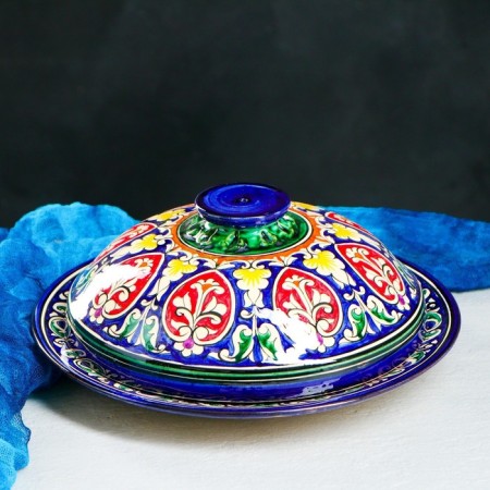 The pancake of Rishtan ceramics "Flowers", 26 cm, blue