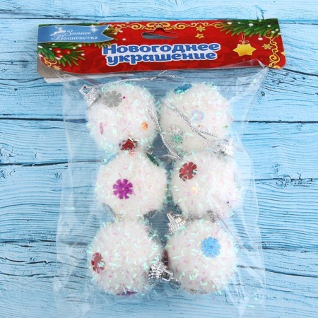 Set of balls plastic D-4 cm, 6 pcs "Fluff with flowers" white-1
