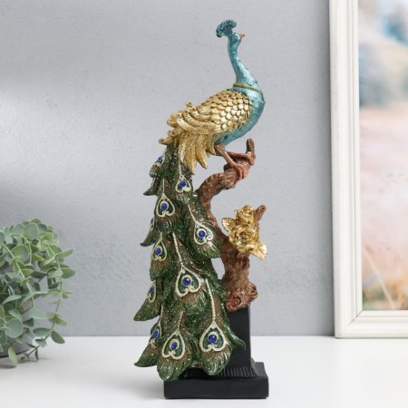 Polystone souvenir "Peacock with green gray feathers, sapphire on a branch" 13.5x9x36 cm