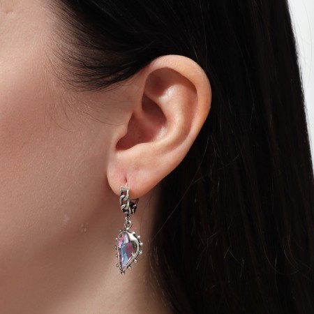 Hanging earrings with rhinestones "Heart" asymmetry, purple color in black silver, 6.2 cm-2