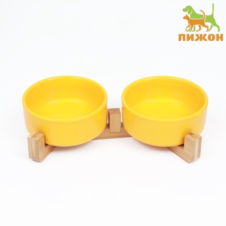 Double ceramic bowls on a stand of 2 x 450 ml 28.5 x 15.5 x 7 cm, yellow-1