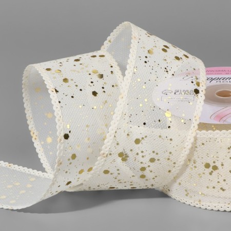 The tape is decorative, with glitter, 38 mm, 9 ± 0.5 m, beige/gold color