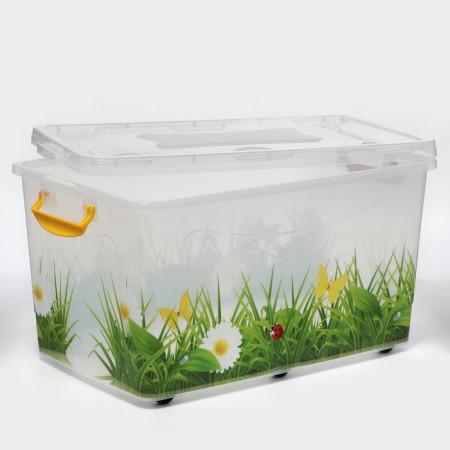The container for storage with the lid "Hide Box. Grass ", 50 l, 60 × 38 × 31 cm, on wheels, mix-1