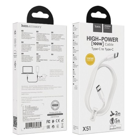 Hoco X51, Type-C cable-Type-C, 100 W (Laptop charging), 20 V, 5 A, 2 m, white-3