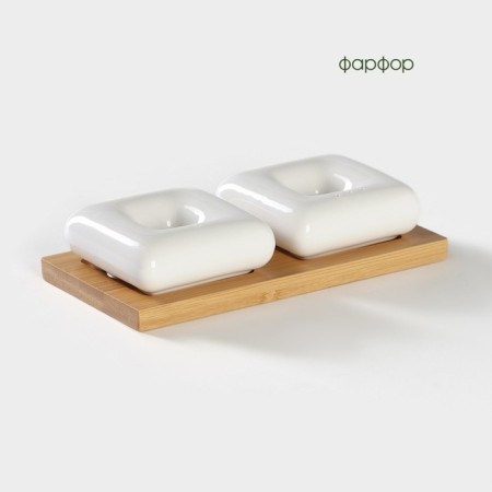 Porcelain set for spices on the Bellatenero bamboo stand, 3 objects: Solonka 60 ml, pistor 60 ml, stand, white color-2