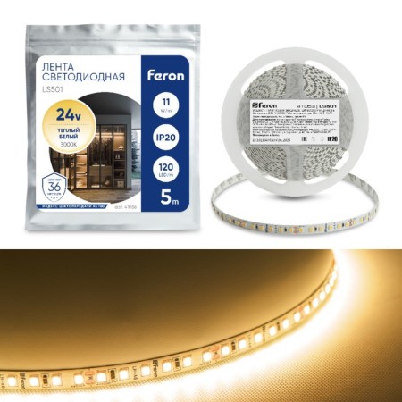 Feron 5 m, IP20, SMD2835, 120 LED/m, 11 W/m, 24 V, glow warm white white