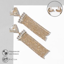 Hanging earrings with rhinestones “grace” of the heart, 8 rows, white color in gold, 8 cm