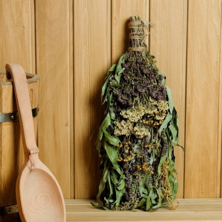 A broom for a bath "Herbal cocktail" from a bouquet of various herbs, in individual packaging