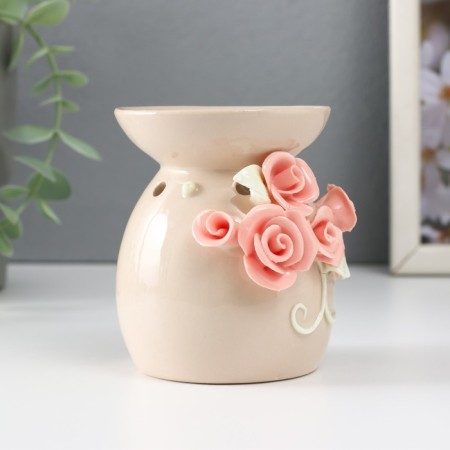 Aroma lamp ceramics "Pink roses with leaves" Beige 7.5x7.5x9 cm-2
