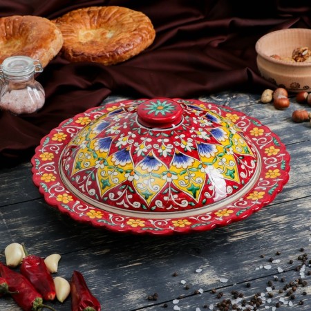 The pancake of Rishtan ceramics "Flowers", 32 cm, red