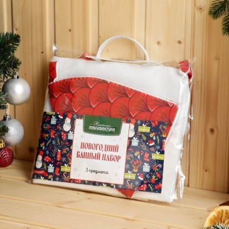 A set for a bath with a print "Fire Dragon": a hat, mitten, rug, red-4