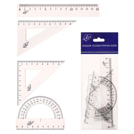 Damage set 4 objects (ruler 15 cm, square 30 °/ 60 °, 10 cm; square 45 °/ 45 °, 8 cm; transporter 180 °, 9 cm), transparent