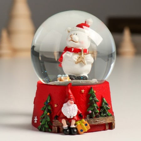 Souvenir Polystone Water Ball "White Bear in a New Year's cap with an asterisk" 7x8x9 cm-1