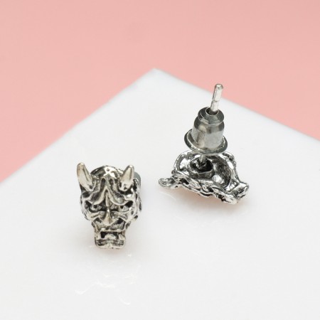 Earrings Metal "Japan" mask with horns, color black silver-1