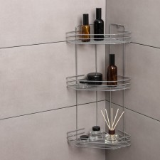 The bathroom shelf is an angular 3-tier, 20.5 × 20.5 × 52 cm, color chromium