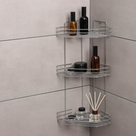 The bathroom shelf is an angular 3-tier, 20.5 × 20.5 × 52 cm, color chromium
