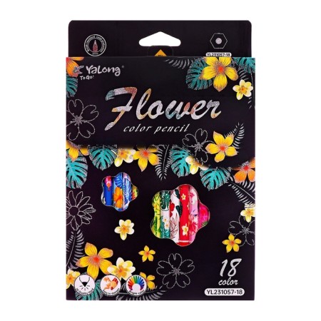 Pencils 18 flowers in a cardboard box, hexagonal, wooden, flowers on a black mix-1