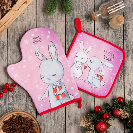 Hello Winter kitchen set, mittens of 20x28 cm, 19x19 cm, 100% HL