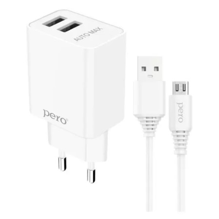 Network charger PERO TC02, 2 USB, 2.1 A, MicroUSB cable, white