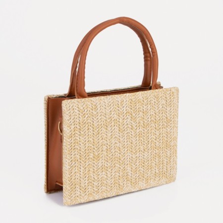 Bag Women's Tout with zipper, long chain, beige/brown color-1