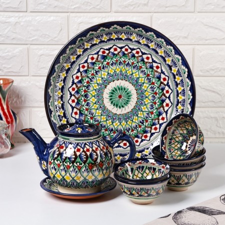 Tea set of 9 objects Rishtan ceramics (kettle 0.8l, bowls- 0.2)