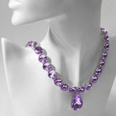 The necklace "Jewel" drop, lilac color in silver, 32 cm-1
