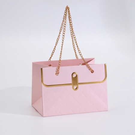 Package for flowers, handle chain, "pink", with gold embossing, 15 x 10.5 x 10 cm