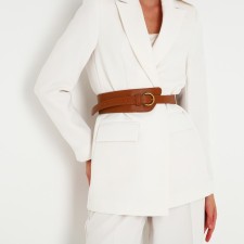 Women's belt, width 7.5 cm, metal buckle, brown color