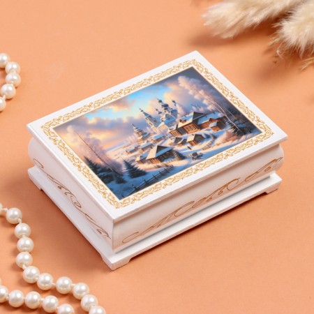 Casket "Winter Village", white, 8 × 10.5 cm, lacquer miniature