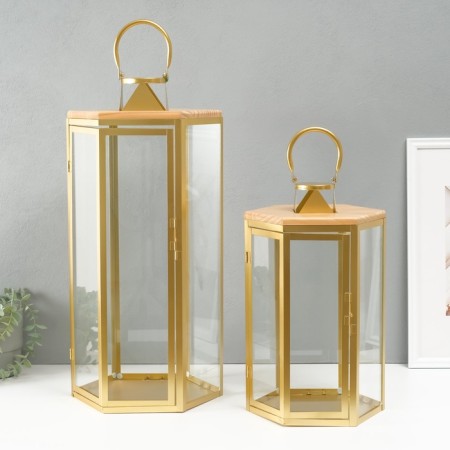 Climber metal, wood, lantern "Six faces" set 2 pcs 22.5x19.5x38; 22.5x26x55 cm-1