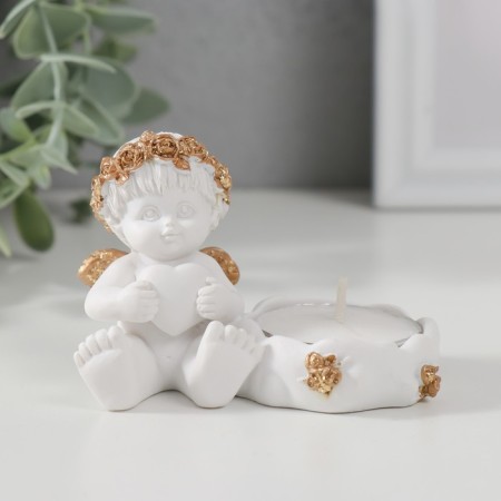 Polystone candlestick "Angel with a heart, in a golden wreath" 6x5.3x8 cm-1