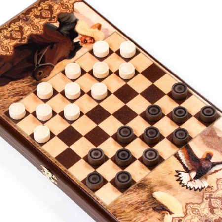Backgammon "Hunting with a golden eagle", a wooden board 40 x 40 cm, with a field for playing checkers-2