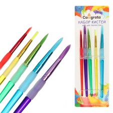 A set of brushes nylon 5 pieces, round, with colored handles, with rubber holders