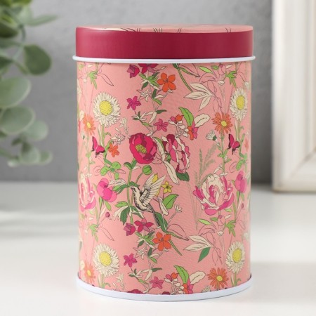 Casket Metal cylinder "Flowers on pink" 7.5x7.5x11 cm-1