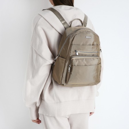 A backpack with a zipper, 5 outer pockets, pencil case, beige color-9
