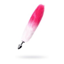 Anal plug, with a white-pink tail, metal, silver, 45 cm, d = 3.3 cm