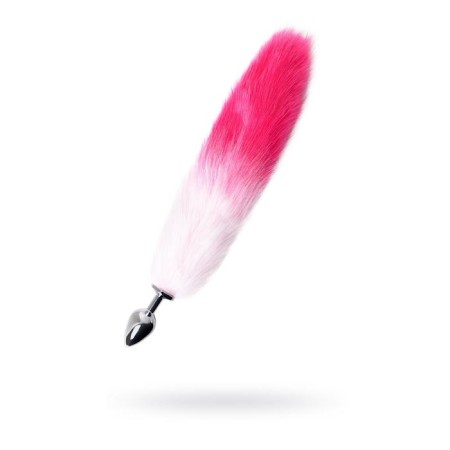 Anal plug, with a white-pink tail, metal, silver, 45 cm, d = 3.3 cm