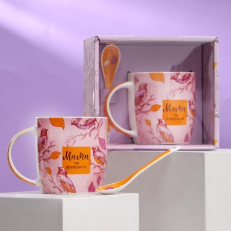 Ceramic set “Mom are beautiful”: a mug 350 ml, a spoon, color orange-6