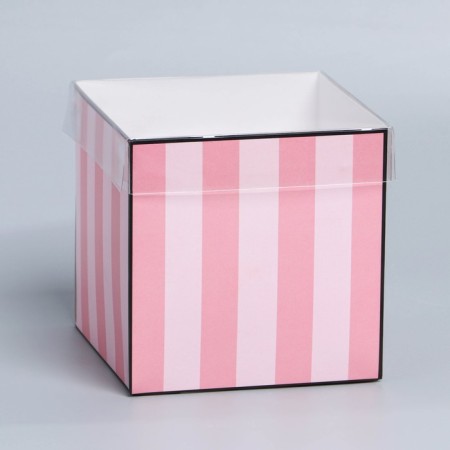 Gift box for flowers with PVC lid, packaging, pink stripes, 12 x 12 x 12 cm-2