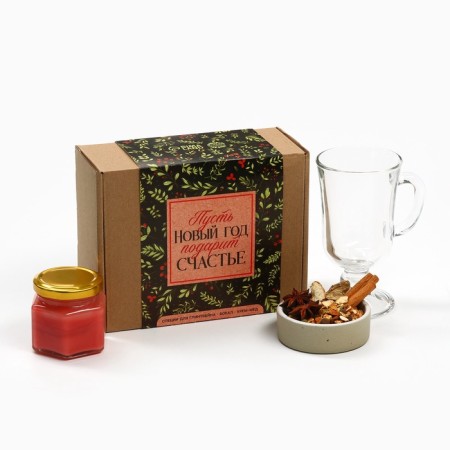 Gift set: spices for mulled wine, glass, cream honey "New Year will give happiness"