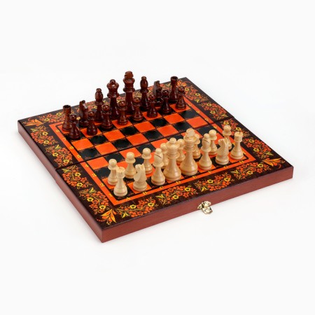 Board game 3 in 1 "Khokhloma Red": chess, backgammon, checkers, wood 40 x 40 cm-1