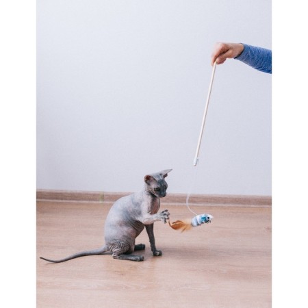 Teaser with a terry mouse (7 cm) on a wooden stick, 40 cm, mix of flowers-5