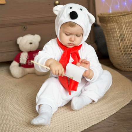 Carnival costume for kids "White Bear" with a red scarf, velor, cotton, height 74-92 cm