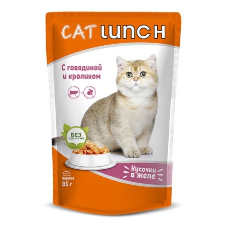 Wet Cat Lunch food for cats, pieces in jelly, beef/rabbit, 85 g